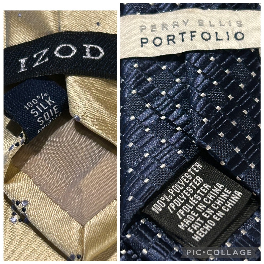 Upcycled Silk Tie Statement Necklace & Lapel Pin Set Navy Gold Izod Perry Ellis - Picture 8 of 10
